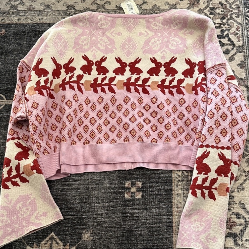 Free People Bunny Pink and Red Patterned V-Neck Cardigan - Picture 3 of 3
